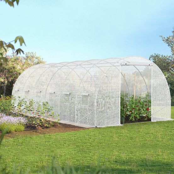 Serre de jardin tunnel 18m² 6 x 3 x 2 m acier galvanisé + bâche anti-uv avec porte et fenêtres crimée blanche