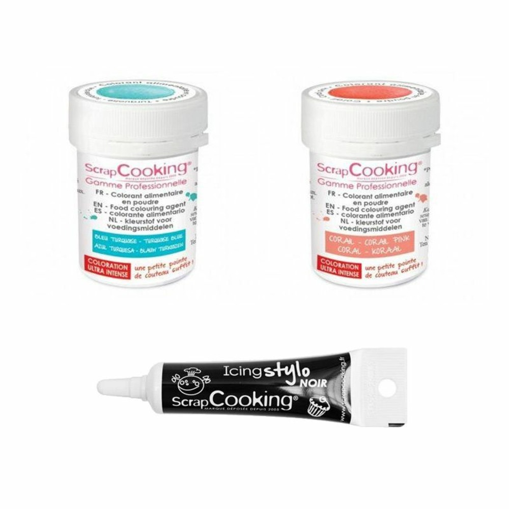 2 colorants alimentaires corail-turquoise + stylo glaçage noir
