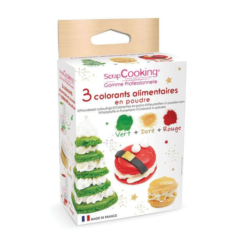 3 colorants en poudre vert, rouge et doré - edition noël