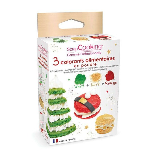 3 colorants en poudre vert, rouge et doré - edition noël