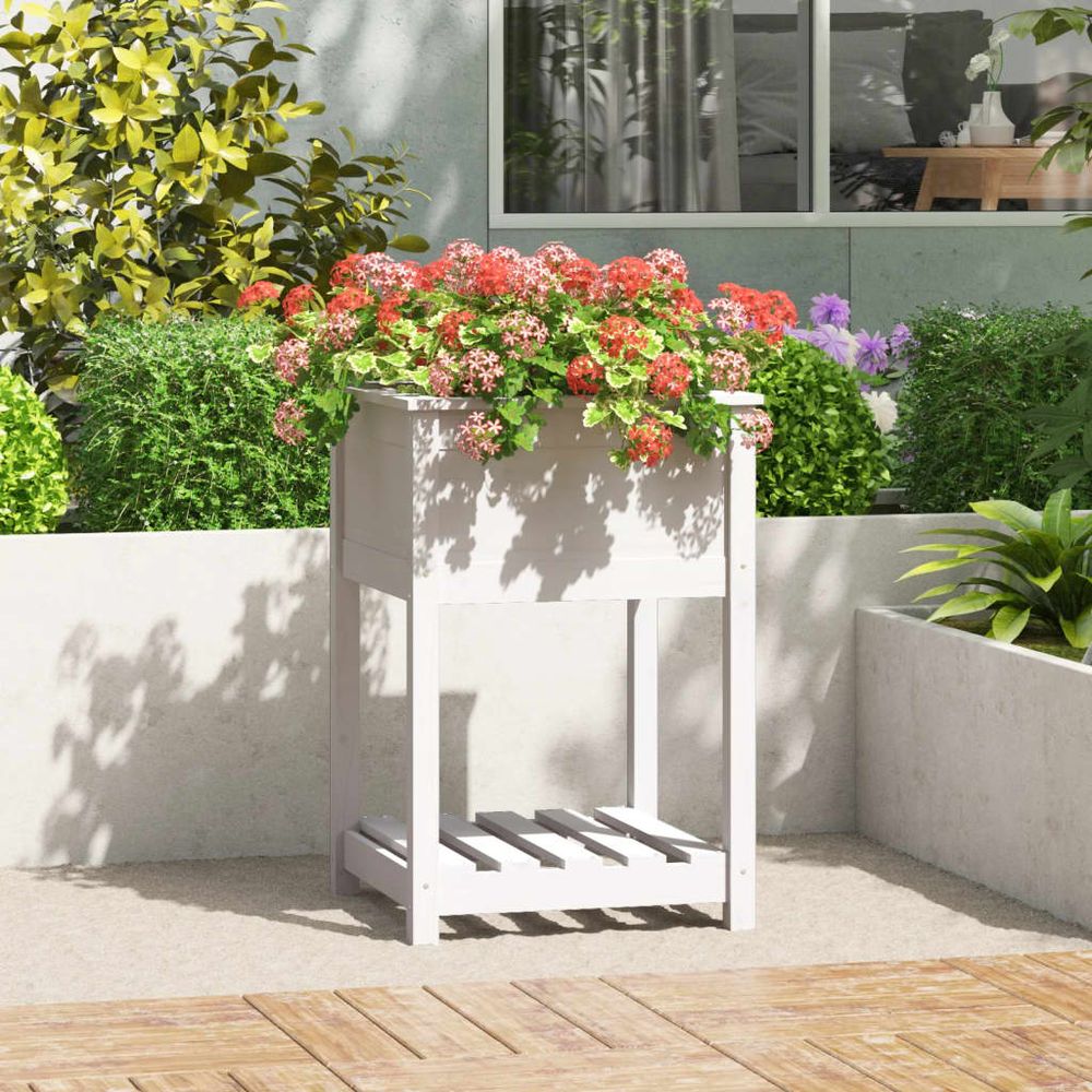 Jardinière carrée sur pieds bois avec étagère pour balcon blanc 54cm