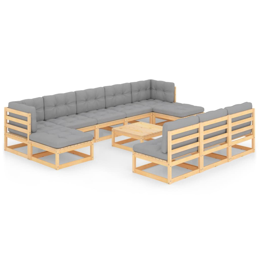 Salon de jardin 11 pcs avec coussins bois de pin massif