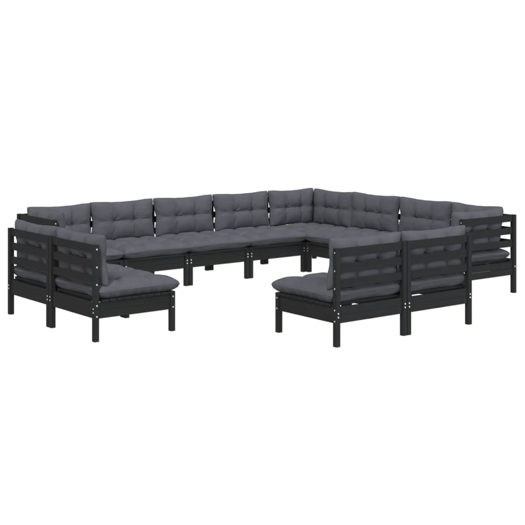 Salon de jardin meuble d'extérieur ensemble de mobilier 12 pièces avec coussins noir bois de pin solide