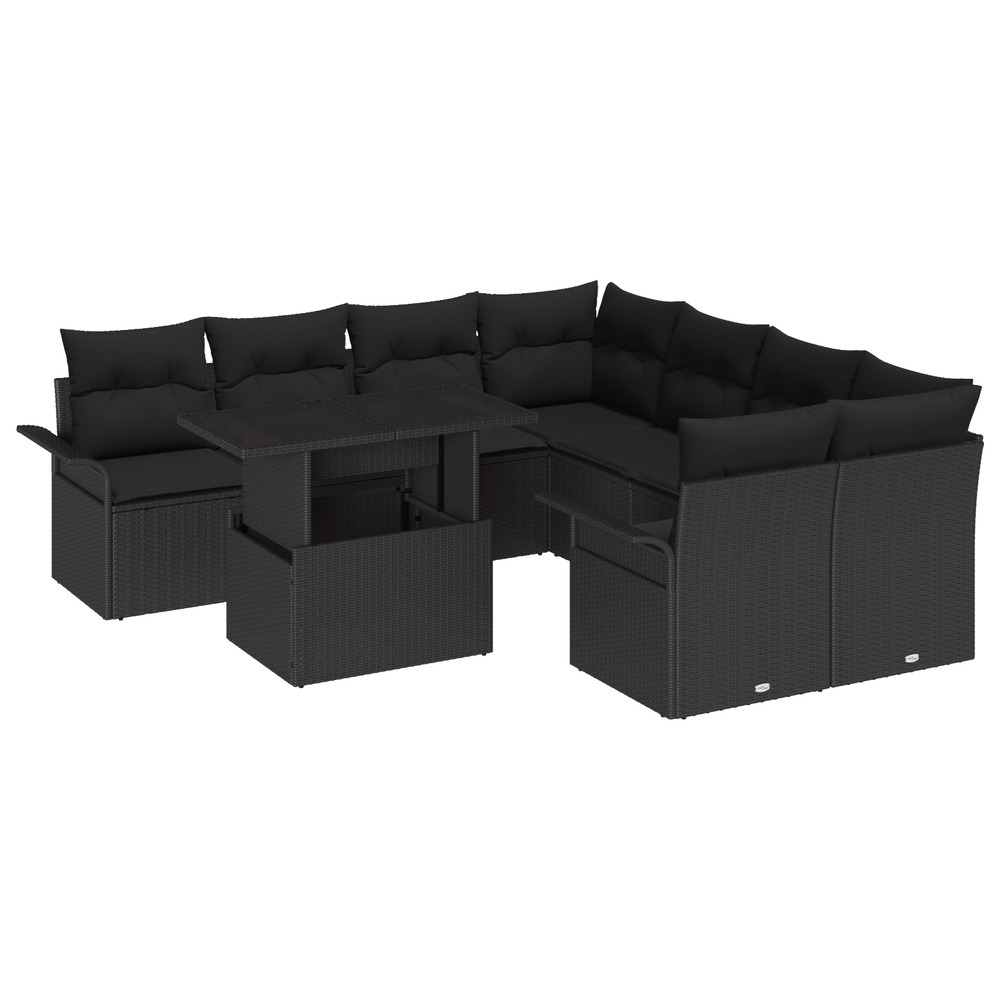 Ensemble de canapé de jardin 9 pièces avec coussins noir poly rotin