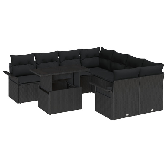 Ensemble de canapé de jardin 9 pièces avec coussins noir poly rotin