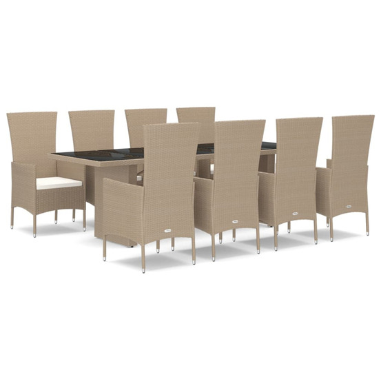 Ensemble à manger de jardin et coussins 9 pcs beige poly rotin