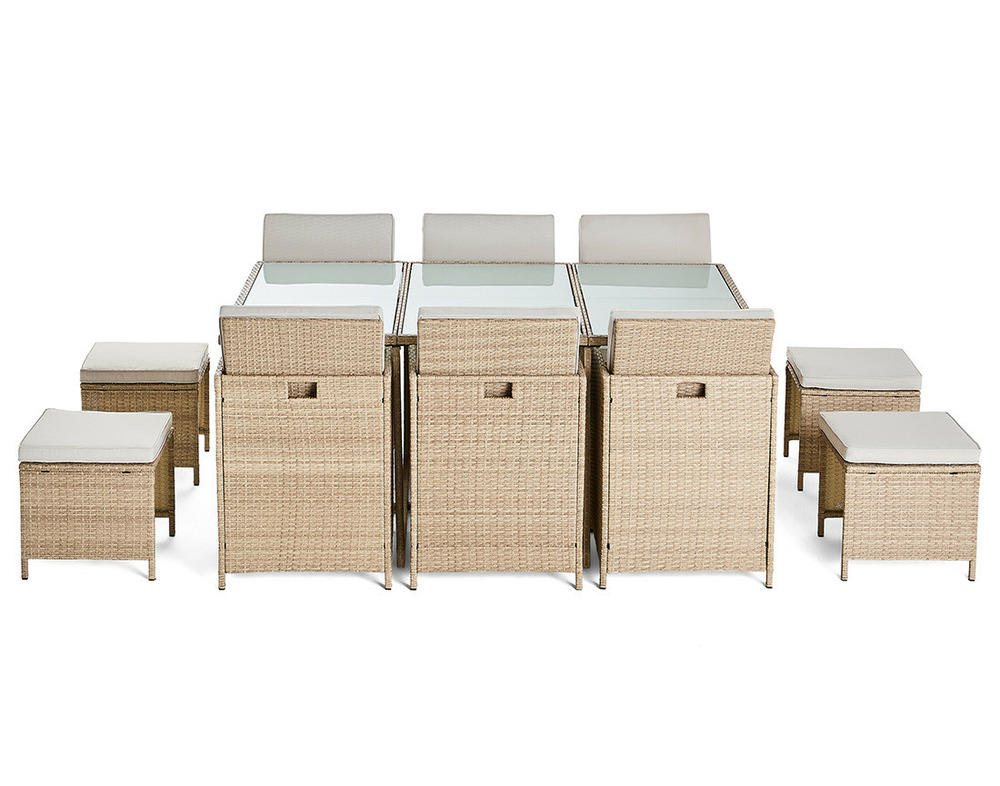 Fira – salon de jardin encastrable en résine tressée beige - 10 places - coussins beige + housse de protection