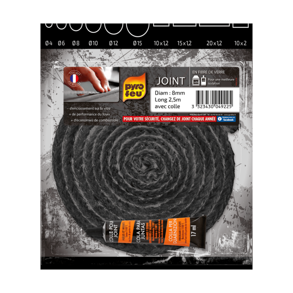 Pyro feu - joints pour cheminées, diamètre 8 mm x 2,5 m, colle réfractaire inclu