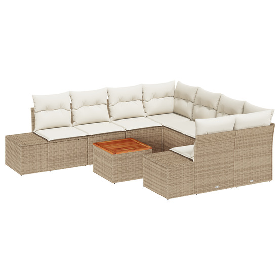 Ensemble de canapé de jardin 9 pièces avec coussins beige en poly rattan acacia