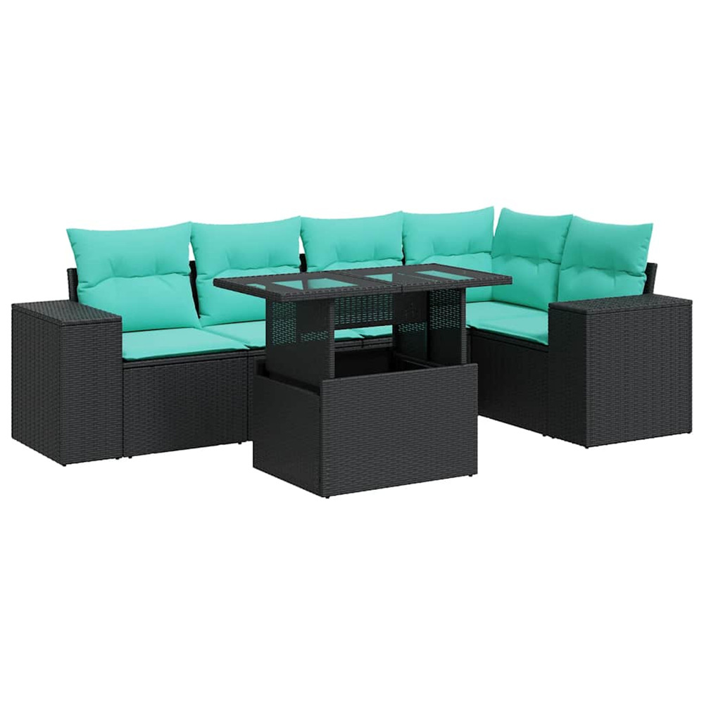 Salon de jardin 6 pcs avec coussins noir résine tressée acacia