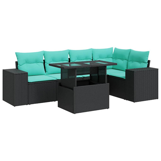 Salon de jardin 6 pcs avec coussins noir résine tressée acacia