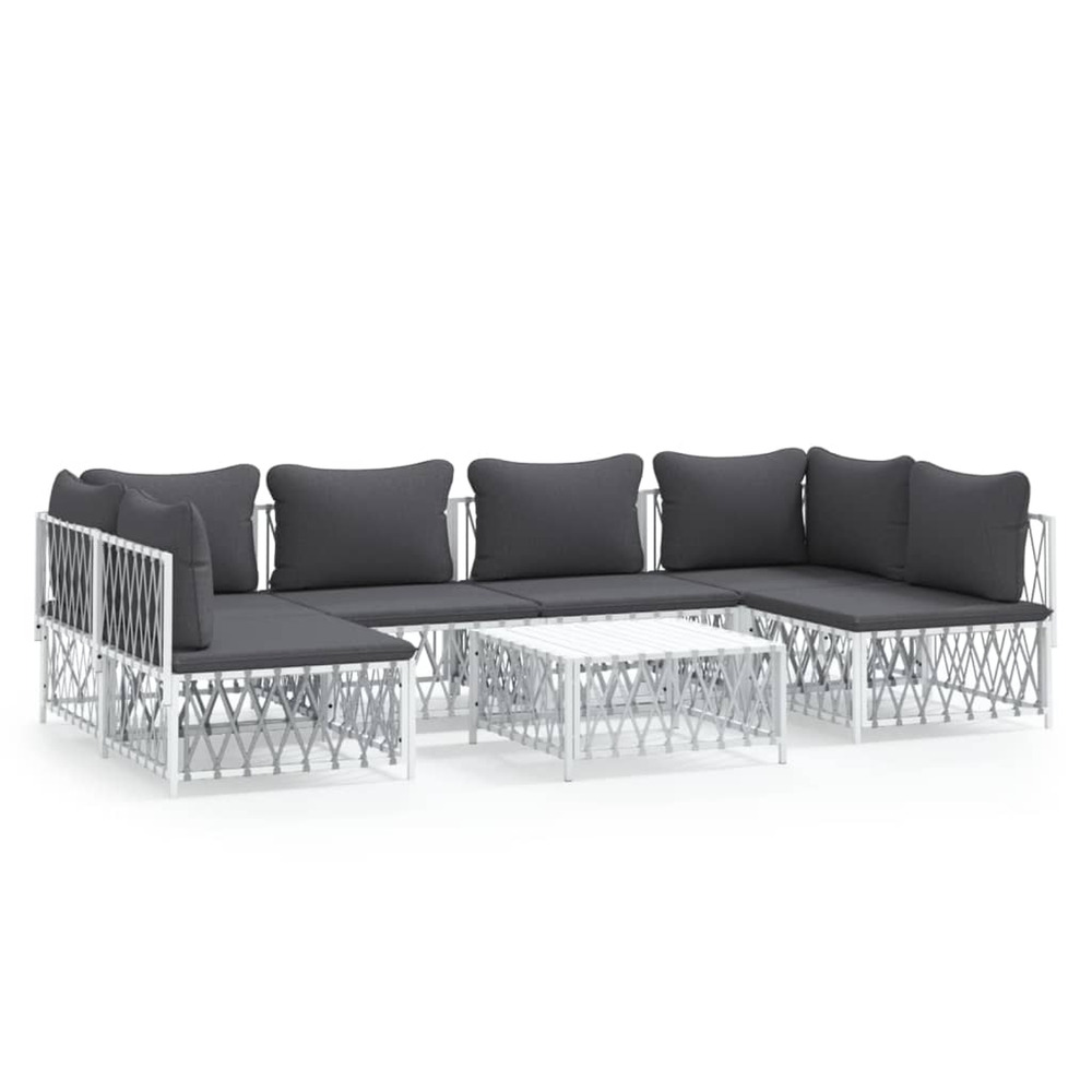 Salon de jardin 7 pcs avec coussins blanc acier