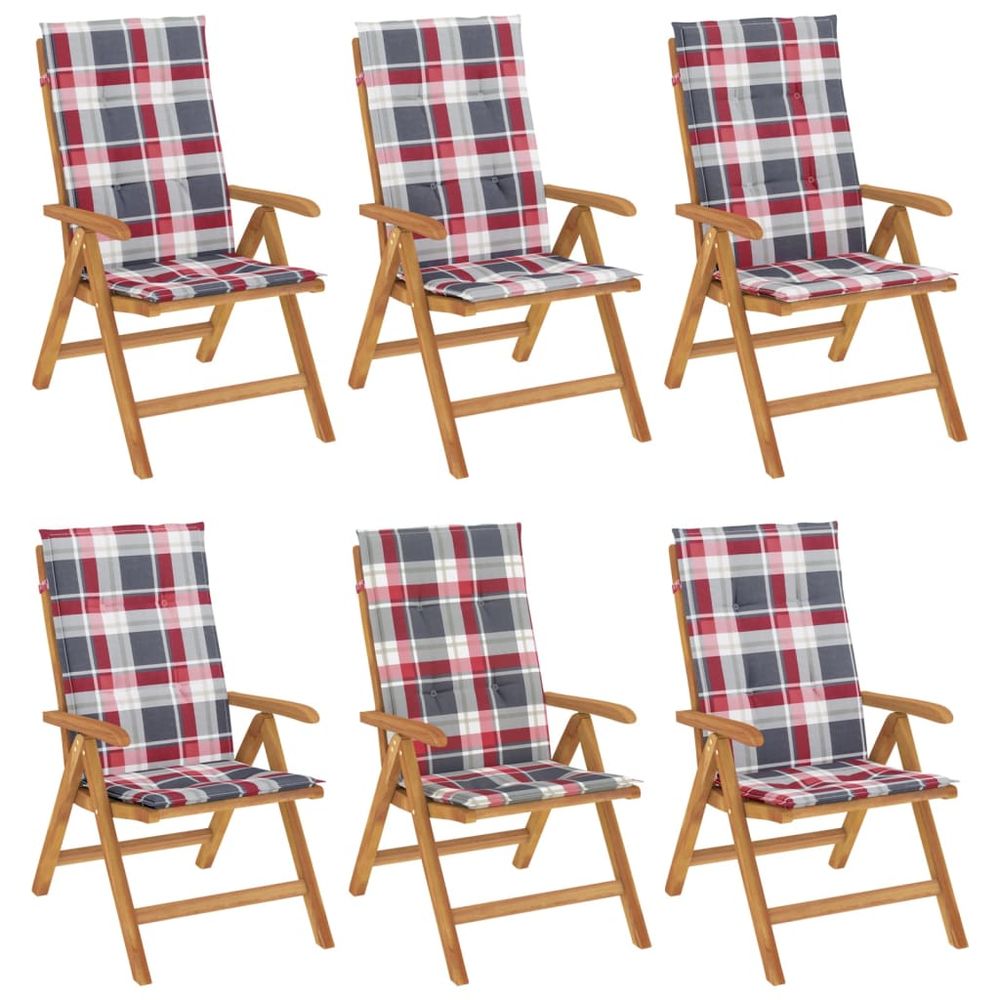 Fauteuils pliants inclinables avec coussins 6 pcs teck massif