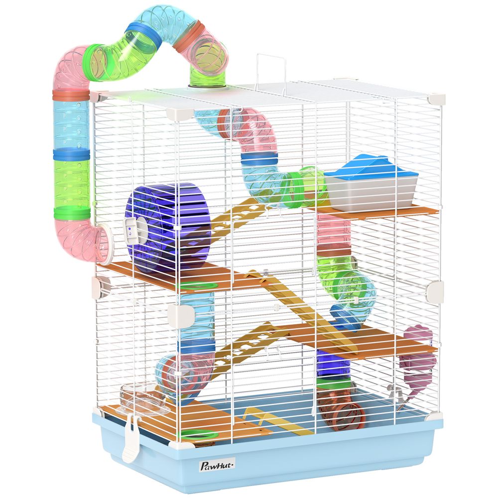 Cage hamster 5 niveaux en métal pour rongeurs avec tubes et accessoires 46x30x58cm bleu