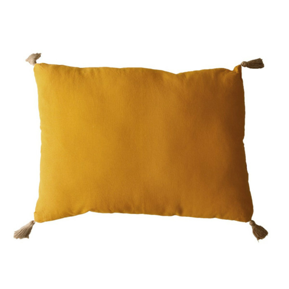 Coussin déco uni à pompons panama 50x70cm moutarde