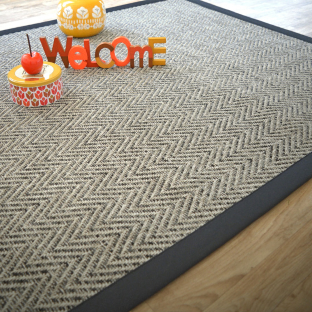 Tapis tissé plat - java chevron silver - ganse coton noir - 250 x 350 cm