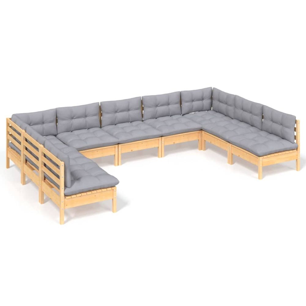 Salon de jardin 9 pcs avec coussins gris bois de pin massif