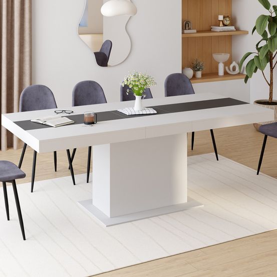 Table à manger extensible rectangle eden 6-10 personnes blanche et bande centrale grise 160-200 cm