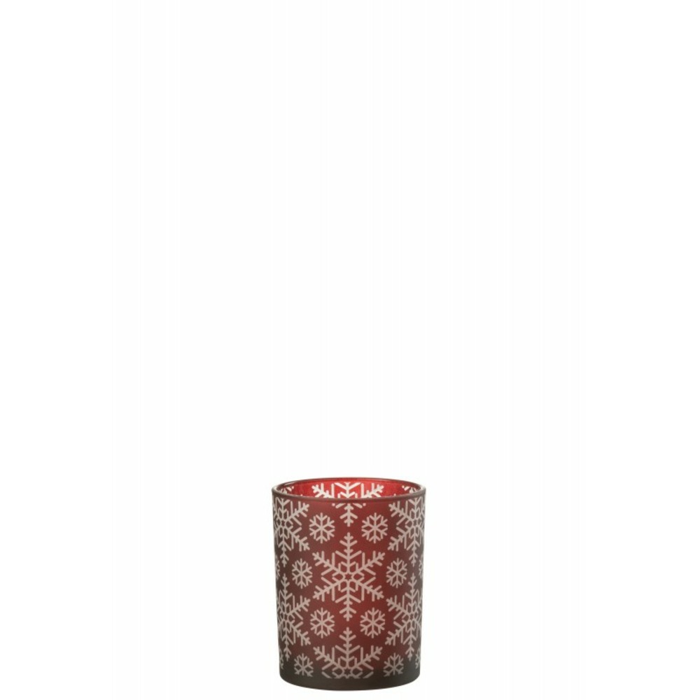 Photophore motif flocons en verre rouge 10x10x12.5cm