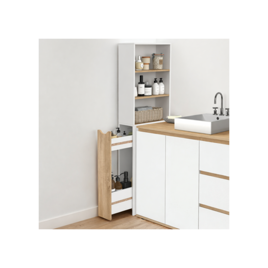 Meuble colonne salle de bain tomi gain de place desserte 2 niveaux avec tiroirs et 3 étagères façon hêtre et blanc