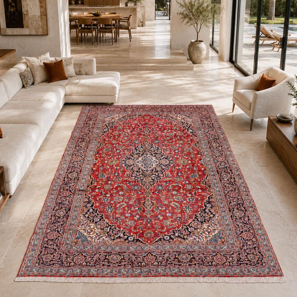 Tapis d'orient 293 x 407 cm, oriental, rouge, beige et bleu, laine nouée main, ardakan b