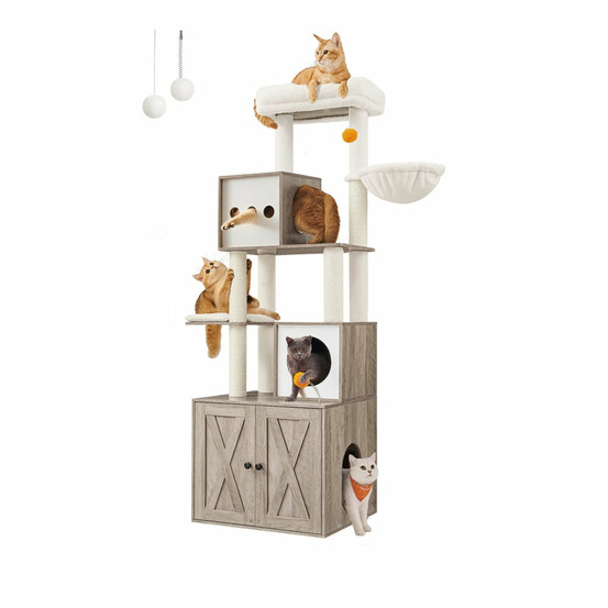 Arbre à chat moderne avec cache-litière tour de jeu griffoir avec maison de toilette 185 cm niche plateforme tapis lavables g