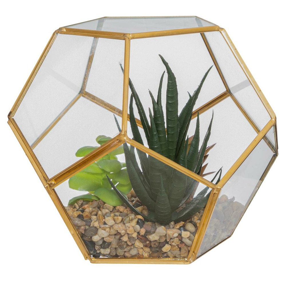 Plante artificielle - pot en verre et métal - h14 cm