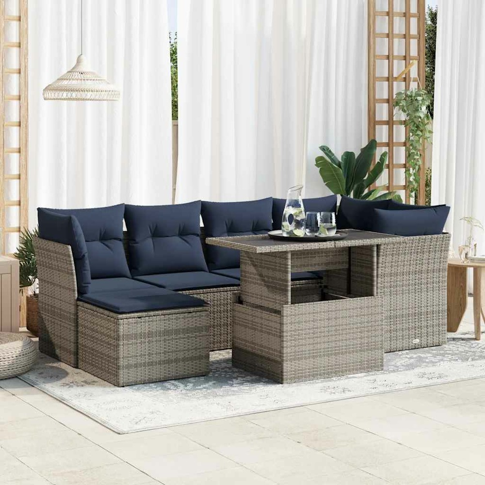 Salon de jardin avec coussins 7 pcs gris résine tressée acacia