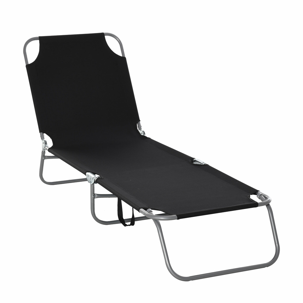 Chaise longue pliable avec dossier réglable, en métal noir.