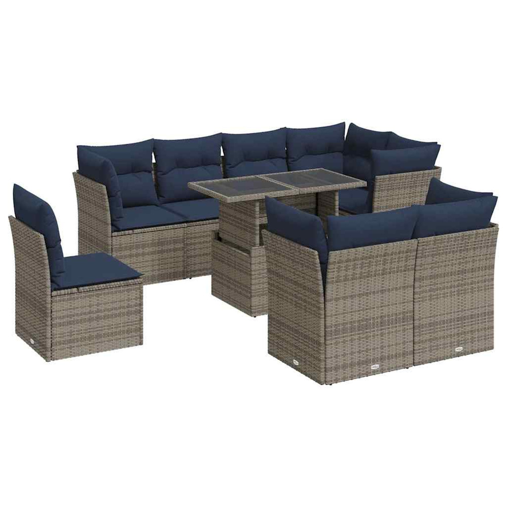 Salon de jardin avec coussins 9 pcs gris résine tressée acacia