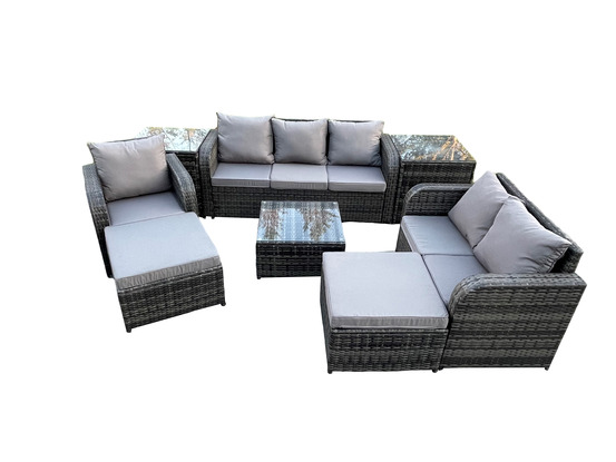 Meubles de jardin en rotin 8 places avec gris coussins 2 table basse carrées d'appoint 2 grand tabourets