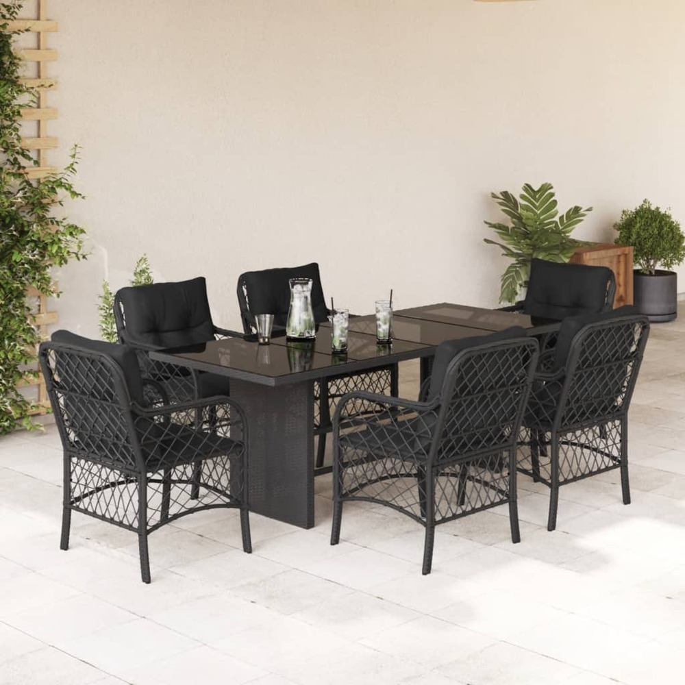 Ensemble à manger de jardin coussins 7pcs noir résine tressée