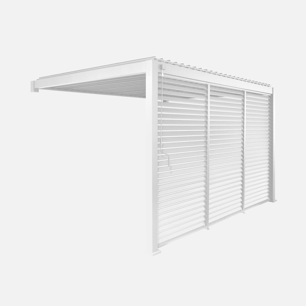Pergola bioclimatique aluminium adossée 4x3m + 3 persiennes 130cm triomphe