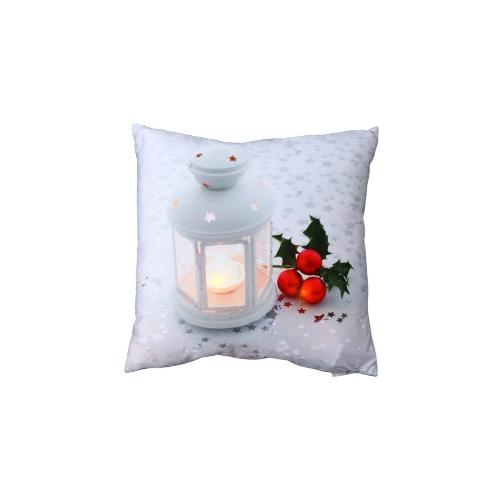 Coussin lumineux lanterne et houx de noel