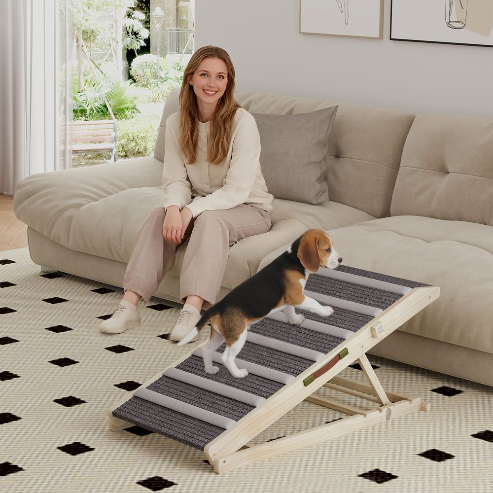 Rampe pour chien pliable en pin massif naturel avec tapis gris 100 x 50 x 50 cm pour lit et voiture à hauteur réglable