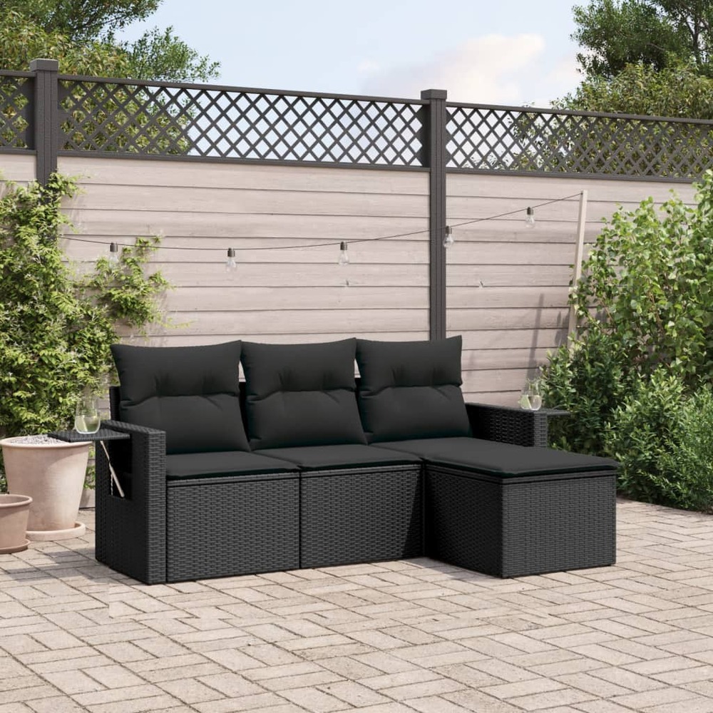 Salon de jardin 4 pcs avec coussins noir résine tressée