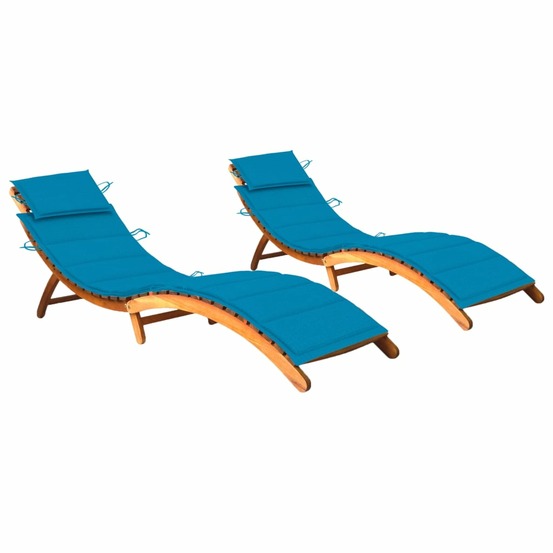 Lot de 2 transats chaise longue bain de soleil lit de jardin terrasse meuble d'extérieur avec coussins bois d'acacia solide 0
