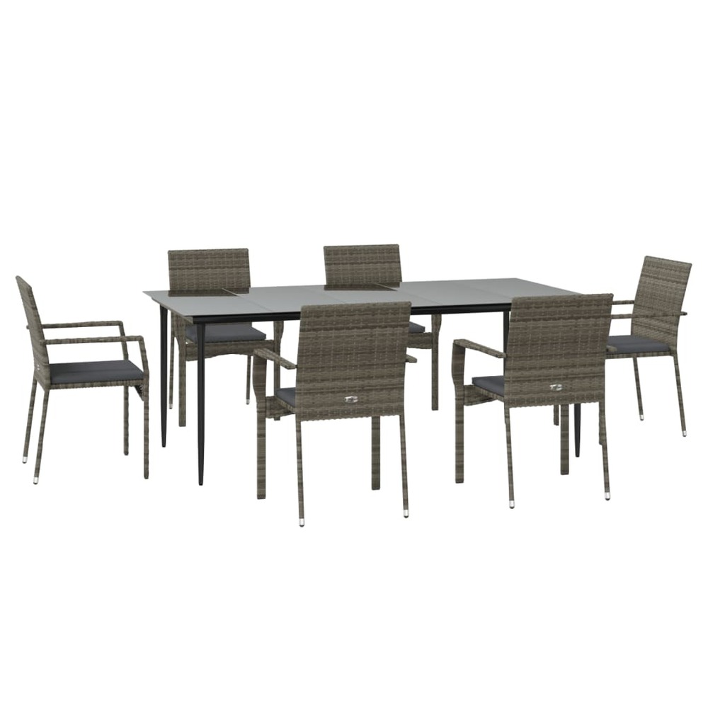 Mobilier à dîner de jardin et coussins 7 pièces noir et gris rotin