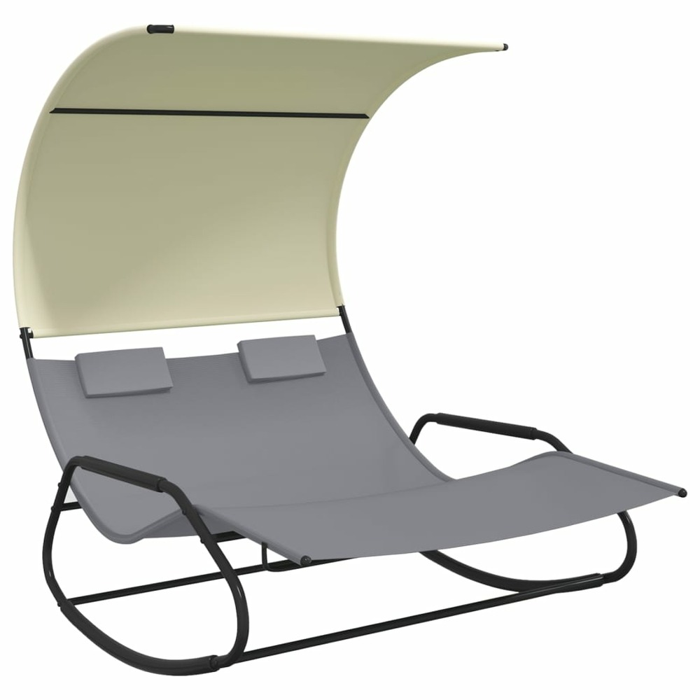 Chaise longue double à bascule avec auvent gris et crème