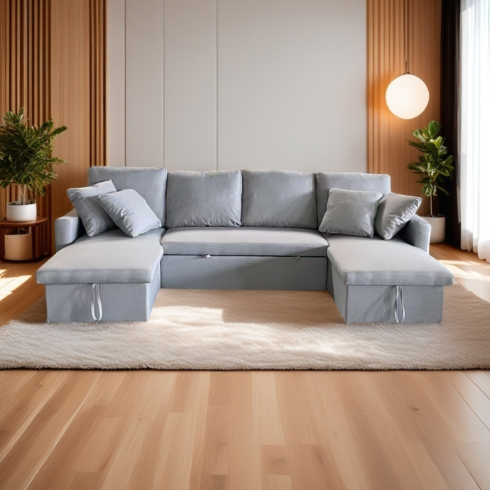 Canapé panoramique convertible 4 places en tissu avec coffre - gris clair mahé