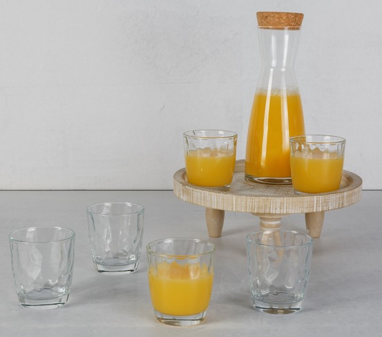 Service en Verre orangeade 7 pièces : 1 Carafe 1l avec bouchon en liège+6 gobelets à eau 30 cl