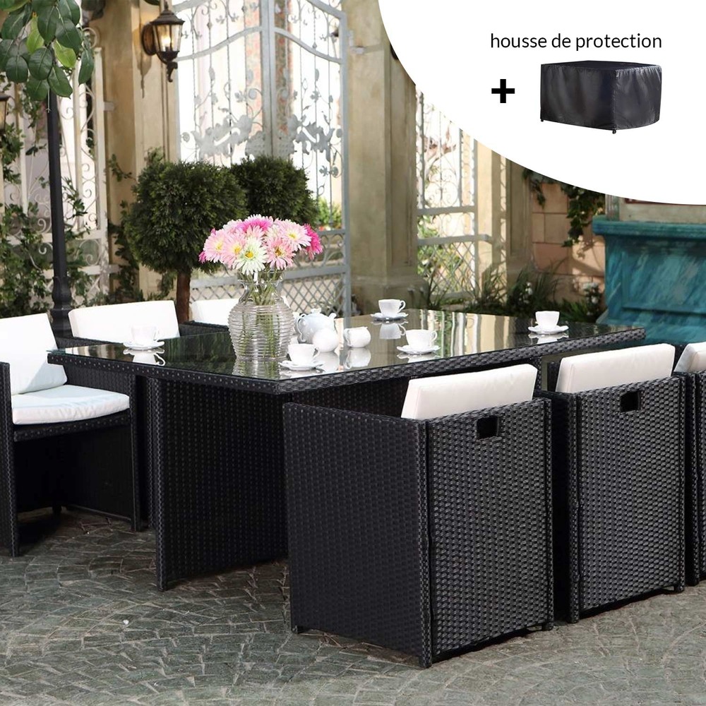 Miami - salon de jardin 6 places noir-blanc avec housse de protection miami