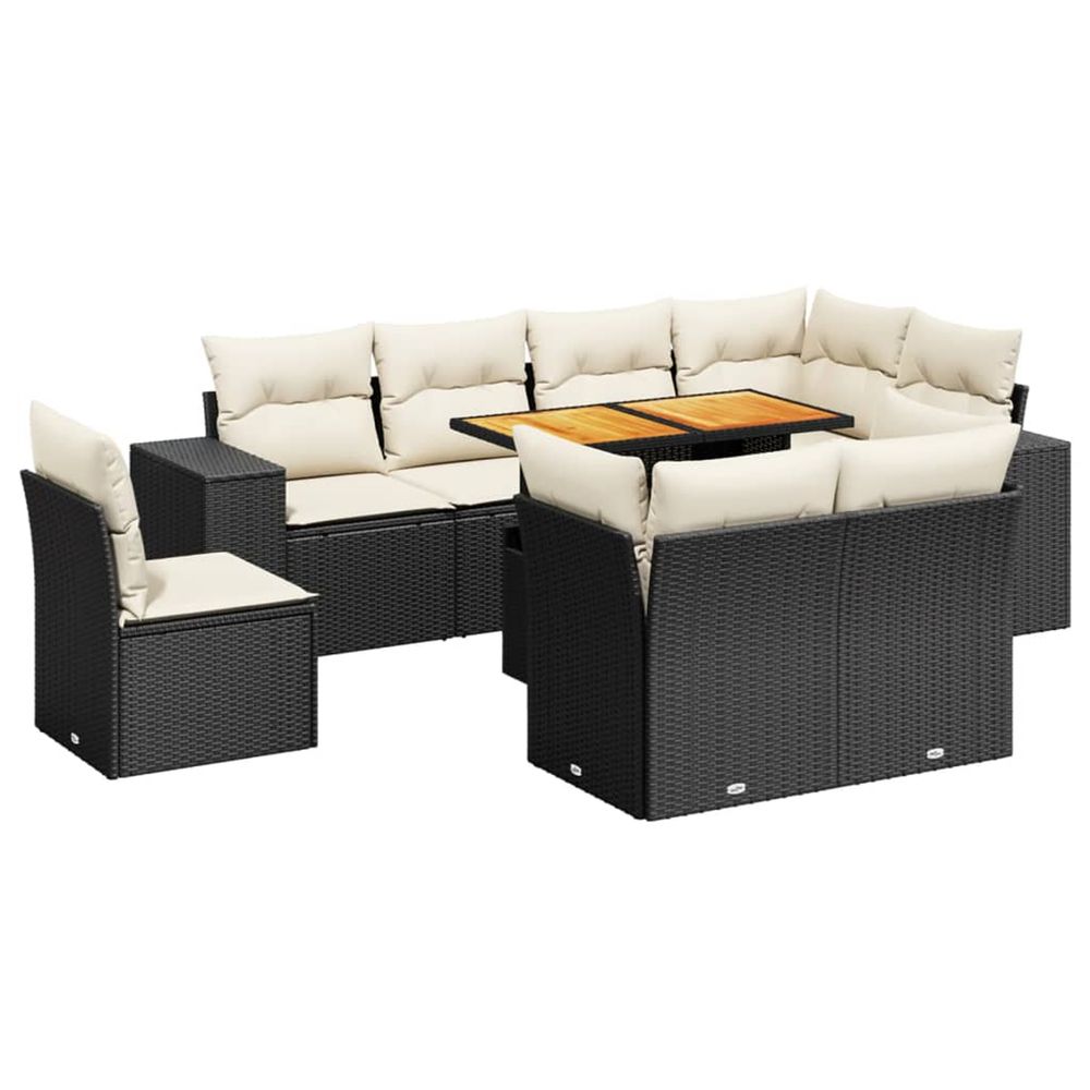 Salon de jardin 9 pcs avec coussins noir résine tressée