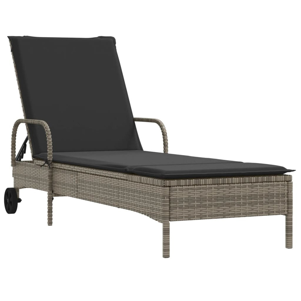 Chaise longue avec roues et coussin gris résine tressée bain de soleil