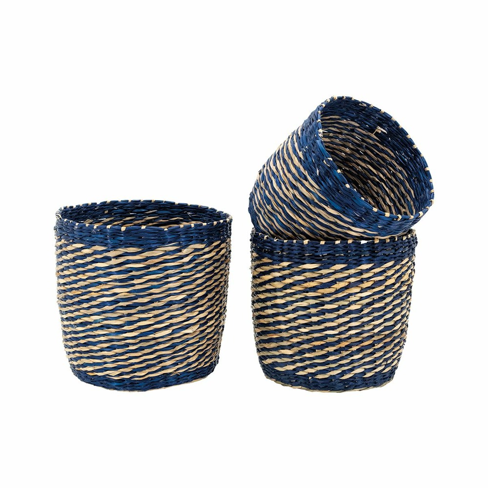 Cache-pots en jonc naturel et bleu (lot de 3)