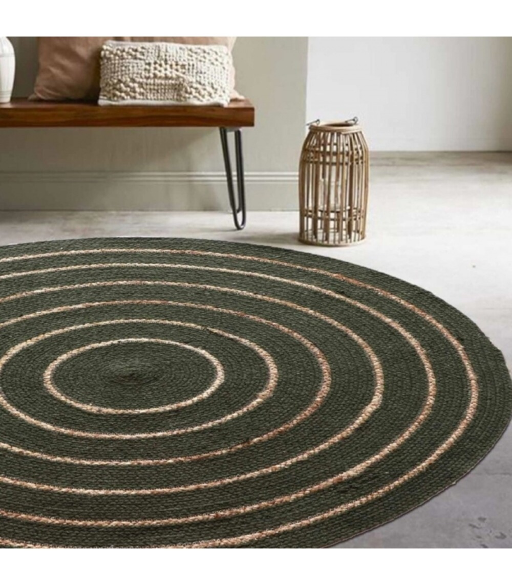 Tapis rond en coton tressé, effet jute rayé, kaki, 120 cm - atout ciel 69019
