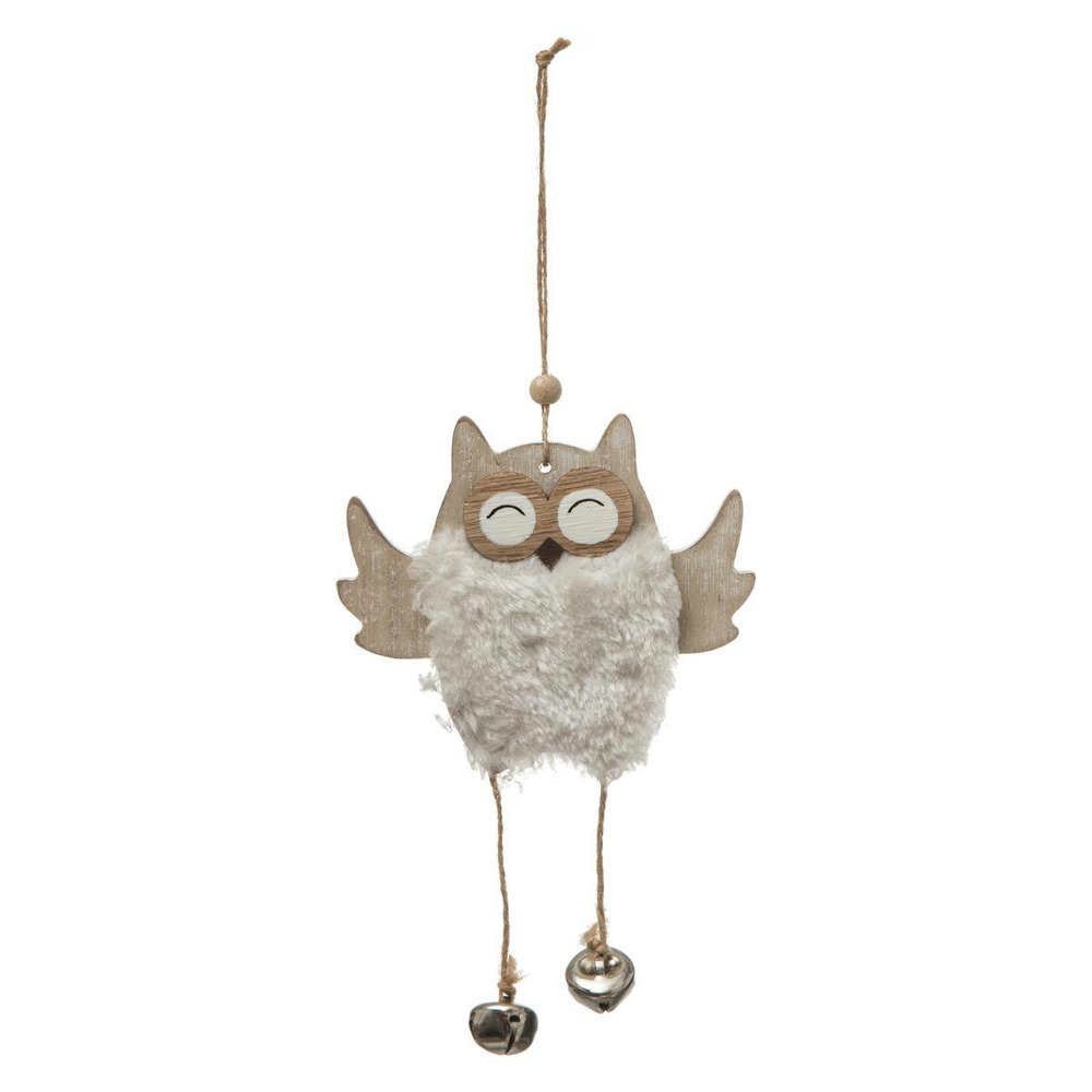 Suspension de noël bois hibou fourrure grelot
