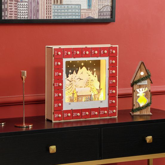 Calendrier de l'avent led en panneau multicouche rouge 34 longueur cm