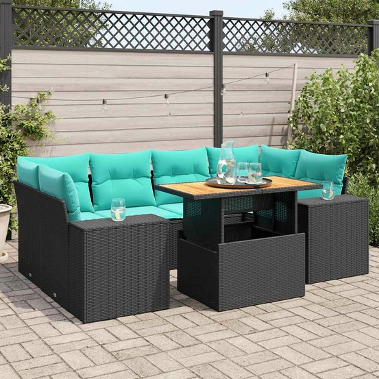 Salon de jardin 7 pcs avec coussins noir résine tressée