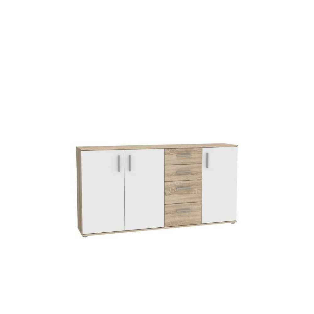 Buffet ikoli - 3 portes, 4 tiroirs - décor chene sonoma et blanc - l159,3 x p31,4 x h81,7 cm - poignées en plastique